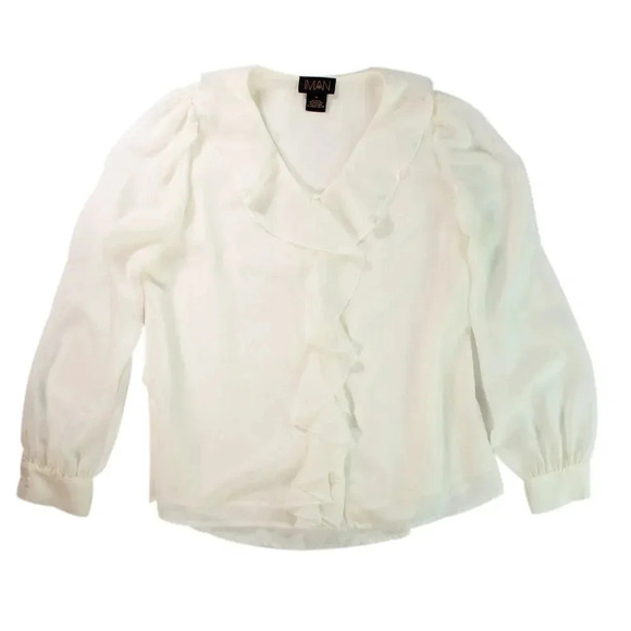 IMAN Ivory Ruffle Front Blouse Size Medium - Picture 1 of 3